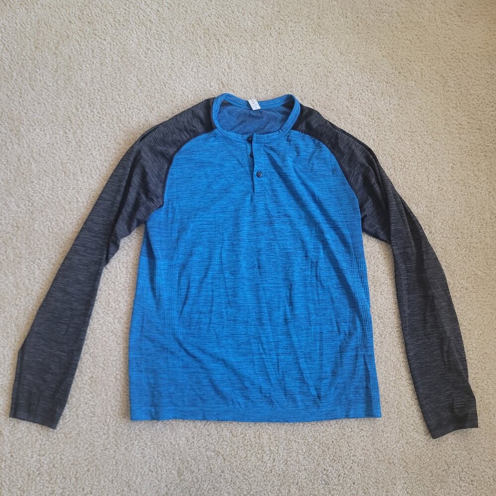Lululemon Men’s Large Blue Gray Raglan Long Sleeve Vent Tech Henley Shirt